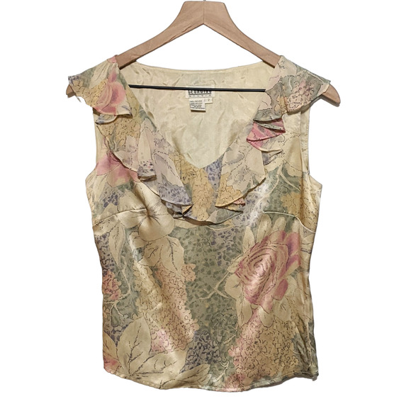 Georgiou Studio Tops - Georgiou Studio 2 Multi Color Sleeveless Floral Ruffle Neck 100% Silk Blouse Top